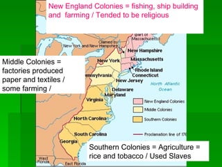Southern Colonies = Agriculture = rice and tobacco / Used Slaves New England Colonies = fishing, ship building and  farming / Tended to be religious Middle Colonies = factories produced paper and textiles / some farming /  