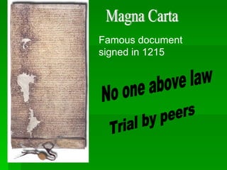 Magna Carta Famous document signed in 1215 No one above law Trial by peers 