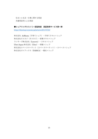 15
סޤ?¤vՄ
ͯՄˤՄ
񥷥󥰥Υߩ`J^ƶ J^ȡå`ӥ?
https://sharing-economy.jp/ja/news/20170725/
ʽ AsMama?ƥ?ƥ
ʽ祿¥
󥵩`ʽ磨Lancers
Uber Japan ʽ磨UberƄӡ
ʽ祹ک`ީ`åȣک`ީ`åȣک`
ʽ祬åTABICAQ
 