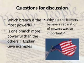 Specific powers of each BranchPOWERS:The Legislative Branch pass all federal lawsestablish all lower federal courtsoverride presidential vetoimpeach the president CHECKS:Executive Branchcan veto any bill