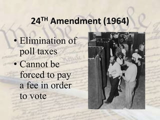 14TH Amendment (1868)Equal protection under the lawBoth national and state gov’ts must  guarantee everyone their civil libertiesDefined citizenship