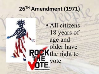 15TH Amendment (1870)Cannot be denied the right to vote based on race, color, or previous condition of servitude