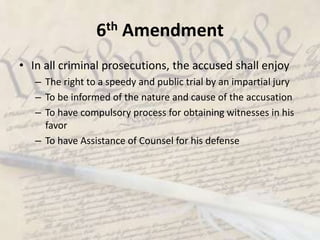 5th AmendmentNo person shall be held to answer for a … crime unless on a presentment or indictment of a Grand Jury nor shall any person  be subject for the same offence to be twice put in jeopardy of  life or limb[double jeopardy]nor shall be compelled in any criminal case to  be a witness against himself [self-incrimination]