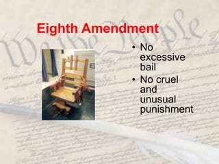6th AmendmentIn all criminal prosecutions, the accused shall enjoyThe right to a speedy and public trial by an impartial juryTo be informed of the nature and cause of the accusationTo have compulsory process for obtaining witnesses in his favorTo have Assistance of Counsel for his defense