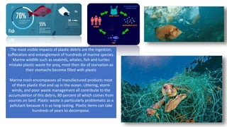 The most visible impacts of plastic debris are the ingestion,
suffocation and entanglement of hundreds of marine species.
Marine wildlife such as seabirds, whales, fish and turtles
mistake plastic waste for prey, most then die of starvation as
their stomachs become filled with plastic
Marine trash encompasses all manufactured products most
of them plastic that end up in the ocean. Littering, storm
winds, and poor waste management all contribute to the
accumulation of this debris, 80 percent of which comes from
sources on land. Plastic waste is particularly problematic as a
pollutant because it is so long-lasting. Plastic items can take
hundreds of years to decompose.
 