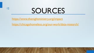 12
SOURCES
https://www.thenightministry.org/impact
https://chicagohomeless.org/our-work/data-research/
 