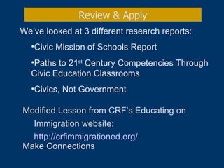 Modified Lesson from CRF’s Educating on Immigration website:  http://crfimmigrationed.org/   Review & Apply We’ve looked at 3 different research reports: Civic Mission of Schools Report  Paths to 21 st  Century Competencies Through Civic Education Classrooms Civics, Not Government Make Connections 