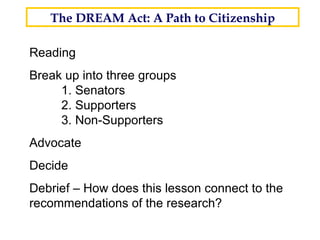Reading Break up into three groups 1. Senators 2. Supporters 3. Non-Supporters Advocate Decide Debrief – How does this lesson connect to the recommendations of the research? The DREAM Act: A Path to Citizenship 26 