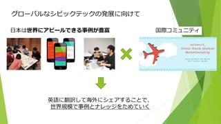 グローバルなシビックテックの発展に向けて
日本は世界にアピールできる事例が豊富
英語に翻訳して海外にシェアすることで、
世界規模で事例とナレッジをためていく
国際コミュニティ
 
