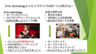 Civic technologyとシビックテックは同一には見えない
Civic technology
• オープンガバメント
• オバマケアやリーマンショック
→行政を改善しようという活動
シビックテック
• 東日本大震災
• 技術者による地域活動
→身の回りを良くする活動
• どんどん成功事例を作る
• CfAの強烈なリーダーシップ
• 失敗は気にしない
→うまくいくところはうまくいく
• サードプレイス
• セーフティネット
• セーフティネットワーク
→みんなでちょっとずつ良くしていく
 