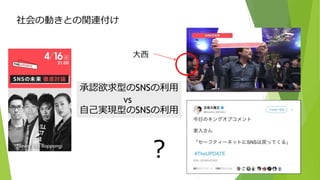 社会の動きとの関連付け
承認欲求型のSNSの利用
vs
自己実現型のSNSの利用
大西
？
 