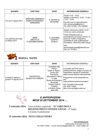7
QUANDO CHE COSA DOVE INFORMAZIONI GENERALI
Fino al 31 agosto 2014
APERTURE DOMENICALI
MUSEODI PAESAGGI E
NARRAZIONI
S. PIETRO AL
NATISONE
Feriali:17.00 – 19.00
Sabato e domenica: 10.00 – 12.00 e
15.00 – 18.00
Per altri orari su appuntamento:
Info: isk.benecija@yahoo.it
Tel. 0432 727490 - 335 1285906
Fino alla fine del mese
di ottobre 2014
ORARI
GROTTE DI
S. GIOVANNI D’ANTRO
S. GIOVANNI
D’ANTRO
(Pulfero)
Sabato, domenica e festivi 10.00 –
18.00 con orario continuato
Visite infrasettimanali su
prenotazione per gruppi minimo 15
persone. Inoltre si segnala la
possibilità di visite speleologiche.
Contattare i riferimenti sotto indicati
Info:
giovannispecogna@katamail.com
cell. 331 5778614
MUSICA e TEATRO
QUANDO CHE COSA DOVE INFORMAZIONI GENERALI
a sabato 2 agosto a
giovedì 14 agosto 2014
INCONTRI DI
MUSICA DA CAMERA
CIVIDALE DEL
FRIULI
Teatro A. Ristori –
Centro San
Francesco
Monastero S. Maria
in Valle
Museo Archeologico
Nazionale
Palazzo Gabrici
Craigher
e diverse chiese
della città
A Cividale del Friuli corsi di
perfezionamento, saggi e concerti ad
interpretare capolavori cameristici
della musica classica internazionale
Programma e orari disponibili sul
sito:
www.perfezionamentomusicale.it
Info: Sportello Informacittà
Tel. 0432 710460
Mail: informacitta@cividale.net
E ANTICIPAZIONI
MESE DI SETTEMBRE 2014 ….
5 settembre 2014: Gara ciclistica regionale - 51° GIRO DELLA
REGIONE FRIULI VENEZIA GIULIA – 4° tappa
Cividale/Castelmonte
21 settembre 2014: FESTA DELLO SPORT
PER INFORMAZIONI:
Informacittà di Cividale del Friuli
Tel. 0432 710460 e-mail: informacitta@cividale.net - www.cividale.net
 