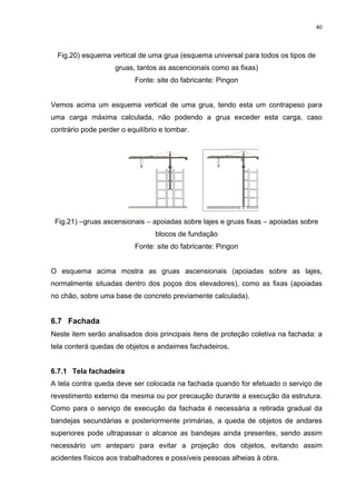 40




  Fig.20) esquema vertical de uma grua (esquema universal para todos os tipos de
                    gruas, tantos as ascencionais como as fixas)
                          Fonte: site do fabricante: Pingon


Vemos acima um esquema vertical de uma grua, tendo esta um contrapeso para
uma carga máxima calculada, não podendo a grua exceder esta carga, caso
contrário pode perder o equilíbrio e tombar.




 Fig.21) –gruas ascensionais – apoiadas sobre lajes e gruas fixas – apoiadas sobre
                                 blocos de fundação
                          Fonte: site do fabricante: Pingon


O esquema acima mostra as gruas ascensionais (apoiadas sobre as lajes,
normalmente situadas dentro dos poços dos elevadores), como as fixas (apoiadas
no chão, sobre uma base de concreto previamente calculada).


6.7 Fachada
Neste item serão analisados dois principais itens de proteção coletiva na fachada: a
tela conterá quedas de objetos e andaimes fachadeiros.


6.7.1 Tela fachadeira
A tela contra queda deve ser colocada na fachada quando for efetuado o serviço de
revestimento externo da mesma ou por precaução durante a execução da estrutura.
Como para o serviço de execução da fachada é necessária a retirada gradual da
bandejas secundárias e posteriormente primárias, a queda de objetos de andares
superiores pode ultrapassar o alcance as bandejas ainda presentes, sendo assim
necessário um anteparo para evitar a projeção dos objetos, evitando assim
acidentes físicos aos trabalhadores e possíveis pessoas alheias à obra.
 