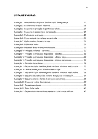 viii




LISTA DE FIGURAS


Ilustração 1 Demonstrativo de placas de sinalização de segurança................................ 20
Ilustração 2 Escoramento de solos instáveis................................................................... 26
Ilustração 3 Esquema de proteção de periferia de talude................................................ 27
Ilustração 4 Esquema de passarela de transposição...................................................... 27
Ilustração 5 Proteção de arranques................................................................................. 29
Ilustração 6 Empurrador de bancada de serra circular.................................................... 31
Ilustração 7 Coifa protetora de serra circular................................................................... 31
Ilustração 8 Protetor de motor.......................................................................................... 31
Ilustração 9 Placas de aviso de alta periculosidade........................................................ 32
Ilustração 10 Proteção periférica – varandas................................................................... 32
Ilustração 11 Proteção contra queda de pessoas – escadas........................................... 33
Ilustração 12 Proteção contra queda de pessoas – vãos de lajes.................................... 33
Ilustração 13 Proteção contra queda de pessoas – poço de elevadores......................... 34
Ilustração 14 Bandejas de proteção................................................................................. 34
Ilustração 15 Esquematização de utilização de bandejas primárias e secundaria.......... 35
Ilustração 16 Detalhe de fixação da mão-francesa na laje............................................... 35
Ilustração 17 Esquematização de utilização de bandejas primárias e secundária.......... 36
Ilustração 18 Esquema de proteção de periferia de laje para concretagem.................... 37
Ilustração 19 Esquema lateral e frontal do elevador cremalheira..................................... 38
Ilustração 20 Esquema vertical de uma grua................................................................... 38
Ilustração 21 Gruas Ascensionais..................................................................................... 39
Ilustração 22 Telas de fachada......................................................................................... 40
Ilustração 23 Peças estruturais metálicas presas na cobertura de edifícios.................... 40
 