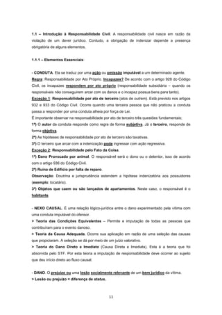 1.1 – Introdução à Responsabilidade Civil. A responsabilidade civil nasce em razão da
violação de um dever jurídico. Contudo, a obrigação de indenizar depende a presença
obrigatória de alguns elementos.


1.1.1 – Elementos Essenciais:


- CONDUTA. Ela se traduz por uma ação ou omissão imputável a um determinado agente.
Regra: Responsabilidade por Ato Próprio. Incapazes? De acordo com o artigo 928 do Código
Civil, os incapazes respondem por ato próprio (responsabilidade subsidiária – quando os
responsáveis não conseguirem arcar com os danos e o incapaz possua bens para tanto).
Exceção 1: Responsabilidade por ato de terceiro (atos de outrem). Está previsto nos artigos
932 e 933 do Código Civil. Ocorre quando uma terceira pessoa que não praticou a conduta
passa a responder por uma conduta alheia por força de Lei.
É importante observar na responsabilidade por ato de terceiro três questões fundamentais;
1ª) O autor da conduta responde como regra de forma subjetiva. Já o terceiro, responde de
forma objetiva.
2ª) As hipóteses de responsabilidade por ato de terceiro são taxativas.
3ª) O terceiro que arcar com a indenização pode ingressar com ação regressiva.
Exceção 2: Responsabilidade pelo Fato da Coisa.
1ª) Dano Provocado por animal. O responsável será o dono ou o detentor, isso de acordo
com o artigo 936 do Código Civil.
2ª) Ruína de Edifício por falta de reparo.
Observação: Doutrina e jurisprudência estendem a hipótese indenizatória aos possuidores
(exemplo: locatário).
3ª) Objetos que caem ou são lançados de apartamentos. Neste caso, o responsável é o
habitante.


- NEXO CAUSAL. É uma relação lógico-jurídica entre o dano experimentado pela vítima com
uma conduta imputável do ofensor.
> Teoria das Condições Equivalentes – Permite e imputação de todas as pessoas que
contribuíram para o evento danoso.
> Teoria da Causa Adequada. Ocorre sua aplicação em razão de uma seleção das causas
que propiciaram. A seleção se dá por meio de um juízo valorativo.
> Teoria do Dano Direto e Imediato (Causa Direta e Imediata). Esta é a teoria que foi
absorvida pelo STF. Por esta teoria a imputação de responsabilidade deve ocorrer ao sujeito
que deu início direto ao fluxo causal.


- DANO. O prejuízo ou uma lesão socialmente relevante de um bem jurídico da vítima.
> Lesão ou prejuízo = diferença de status.



                                              11
 