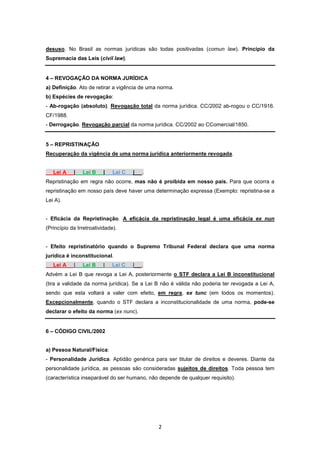 desuso. No Brasil as normas jurídicas são todas positivadas (comun law). Princípio da
Supremacia das Leis (civil law).


4 – REVOGAÇÃO DA NORMA JURÍDICA
a) Definição. Ato de retirar a vigência de uma norma.
b) Espécies de revogação:
- Ab-rogação (absoluto). Revogação total da norma jurídica. CC/2002 ab-rogou o CC/1916.
CF/1988.
- Derrogação. Revogação parcial da norma jurídica. CC/2002 ao CComercial/1850.


5 – REPRISTINAÇÃO
Recuperação da vigência de uma norma jurídica anteriormente revogada.


   Lei A    |   Lei B     |   Lei C   |   .
Repristinação em regra não ocorre, mas não é proibida em nosso país. Para que ocorra a
repristinação em nosso país deve haver uma determinação expressa (Exemplo: repristina-se a
Lei A).


- Eficácia da Repristinação. A eficácia da repristinação legal é uma eficácia ex nun
(Princípio da Irretroatividade).


- Efeito repristinatório quando o Supremo Tribunal Federal declara que uma norma
jurídica é inconstitucional.
   Lei A    |   Lei B    |    Lei C   |   .
Advém a Lei B que revoga a Lei A, posteriormente o STF declara a Lei B inconstitucional
(tira a validade da norma jurídica). Se a Lei B não é válida não poderia ter revogada a Lei A,
sendo que esta voltará a valer com efeito, em regra, ex tunc (em todos os momentos).
Excepcionalmente, quando o STF declara a inconstitucionalidade de uma norma, pode-se
declarar o efeito da norma (ex nunc).


6 – CÓDIGO CIVIL/2002


a) Pessoa Natural/Física:
- Personalidade Jurídica. Aptidão genérica para ser titular de direitos e deveres. Diante da
personalidade jurídica, as pessoas são consideradas sujeitos de direitos. Toda pessoa tem
(característica inseparável do ser humano, não depende de qualquer requisito).




                                              2
 