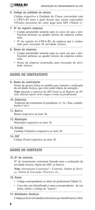 6
ORIENTAÇÃO DE PREENCHIMENTO DA ART
6. Código da entidade de classe:
Código respectivo à Entidade de Classe conveniada com
o CREA-RJ para a qual deseja que sejam repassados
10%(dez porcento) do valor pago pela ART (Tabela 1)
7. Nº do registro empresa
• Campo preenchido somente para os casos em que o pro-
fissional pertence ao quadro técnico da empresa contra-
tada.
• Nº do registro no CREA-RJ, da empresa que é contra-
tada para execução da atividade técnica.
8. Nome da empresa
• Campo preenchido somente para os casos em que o pro-
fissional pertence ao quadro técnico da empresa contra-
tada.
• Nome da empresa contratada, para execução da ativi-
dade técnica.
DADOS DO CONTRATANTE
9. Nome do contratante
Nome da pessoa física ou jurídica que contrata a realização
da atividade técnica, que está sendo objeto da anotação.
Nota: Quando a natureza da ART tratar-se de Registro de Di-
reito Autoral repetir neste campo o nome do profissional.
10. Endereço
Endereço do contratante (Logradouro, nº, Av., Rua, comple-
mento e etc.).
11. Bairro
Bairro respectivo ao item 10.
12. Município
Município respectivo ao item 10.
13. Estado
Unidade Federativa respectiva ao item 10.
14. CEP
Código Postal respectivo ao item 10.
DADOS DO CONTRATO
15. Nº do contrato
Nº do instrumento contratual firmado para a realização da
atividade técnica, objeto da ART, se houver .
Nota: Instrumento Contratual = Contrato, Ordem de Servi-
ço, Ordem de Execução, Processo, etc...
16. Ramo
• Código correspondente ao título do profissional (Tabela 2)
• Caso não seja identificado o ramo correspondente do seu
título, utilize o código de ”outros”.
17. Atividades técnicas
Código(s) da (s) atividade(s) técnica(s) que identifica(m) a obra/
 