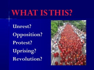 WHAT ISTHIS?
Unrest?
Opposition?
Protest?
Uprising?
Revolution?
 
