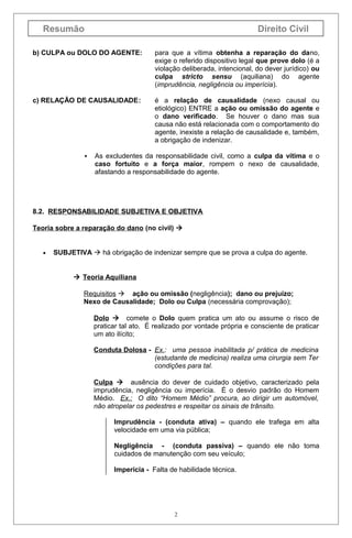 Resumão                                                                Direito Civil

b) CULPA ou DOLO DO AGENTE:             para que a vítima obtenha a reparação do dano,
                                        exige o referido dispositivo legal que prove dolo (é a
                                        violação deliberada, intencional, do dever jurídico) ou
                                        culpa stricto sensu (aquiliana) do agente
                                        (imprudência, negligência ou imperícia).

c) RELAÇÃO DE CAUSALIDADE:              é a relação de causalidade (nexo causal ou
                                        etiológico) ENTRE a ação ou omissão do agente e
                                        o dano verificado. Se houver o dano mas sua
                                        causa não está relacionada com o comportamento do
                                        agente, inexiste a relação de causalidade e, também,
                                        a obrigação de indenizar.

                   As excludentes da responsabilidade civil, como a culpa da vítima e o
                    caso fortuito e a força maior, rompem o nexo de causalidade,
                    afastando a responsabilidade do agente.




8.2. RESPONSABILIDADE SUBJETIVA E OBJETIVA

Teoria sobre a reparação do dano (no civil) 


   •   SUBJETIVA  há obrigação de indenizar sempre que se prova a culpa do agente.


             Teoria Aquiliana

                Requisitos  ação ou omissão (negligência); dano ou prejuízo;
                Nexo de Causalidade; Dolo ou Culpa (necessária comprovação);

                    Dolo  comete o Dolo quem pratica um ato ou assume o risco de
                    praticar tal ato. É realizado por vontade própria e consciente de praticar
                    um ato ilícito;

                    Conduta Dolosa - Ex.: uma pessoa inabilitada p/ prática de medicina
                                     (estudante de medicina) realiza uma cirurgia sem Ter
                                     condições para tal.

                    Culpa  ausência do dever de cuidado objetivo, caracterizado pela
                    imprudência, negligência ou imperícia. É o desvio padrão do Homem
                    Médio. Ex.: O dito “Homem Médio” procura, ao dirigir um automóvel,
                    não atropelar os pedestres e respeitar os sinais de trânsito.

                          Imprudência - (conduta ativa) – quando ele trafega em alta
                          velocidade em uma via pública;

                          Negligência - (conduta passiva) – quando ele não toma
                          cuidados de manutenção com seu veículo;

                          Imperícia - Falta de habilidade técnica.




                                              2
 