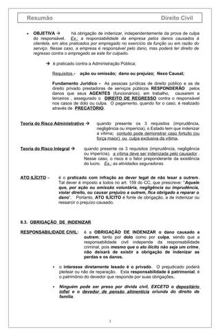 Resumão                                                             Direito Civil

   •   OBJETIVA           há obrigação de indenizar, independentemente da prova de culpa
       do responsável. Ex.: a responsabilidade da empresa pelos danos causados à
       clientela, em atos praticados por empregado no exercício da função ou em razão do
       serviço. Nesse caso, a empresa é responsável pelo dano, mas poderá ter direito de
       regresso contra o empregado se este for culpado.

              é praticado contra a Administração Pública;

                Requisitos -   ação ou omissão; dano ou prejuízo; Nexo Causal;

                Fundamento Jurídico - As pessoas jurídicas de direito público e as de
                direito privado prestadoras de serviços públicos RESPONDERÃO pelos
                danos que seus AGENTES (funcionários), em trabalho, causarem a
                terceiros , assegurado o DIREITO DE REGRESSO contra o responsável
                nos casos de dolo ou culpa. O pagamento, quando for o caso, é realizado
                através de PRECATÓRIO.


Teoria do Risco Administrativo       quando presente os 3 requisitos (imprudência,
                                      negligência ou imperícia), o Estado tem que indenizar
                                      a vítima; contudo pode demonstrar caso fortuito (ou
                                      força maior) ou culpa exclusiva da vítima.

Teoria do Risco Integral       quando presente os 3 requisitos (imprudência, negligência
                                ou imperícia), a vítima deve ser indenizada pelo causador .
                                Nesse caso, o risco é o fator preponderante da existência
                                do lucro. Ex.: as atividades seguradoras.


ATO ILÍCITO –       é o praticado com infração ao dever legal de não lesar a outrem.
                    Tal dever é imposto a todos no art. 159 do CC, que prescreve: “Aquele
                    que, por ação ou omissão voluntária, negligência ou imprudência,
                    violar direito, ou causar prejuízo a outrem, fica obrigado a reparar o
                    dano”. Portanto, ATO ILÍCITO é fonte de obrigação, a de indenizar ou
                    ressarcir o prejuízo causado.



8.3. OBRIGAÇÃO DE INDENIZAR

RESPONSABILIDADE CIVIL:         é a OBRIGAÇÃO DE INDENIZAR o dano causado a
                                outrem, tanto por dolo como por culpa, sendo que a
                                responsabilidade civil independe da responsabilidade
                                criminal, pois mesmo que o ato ilícito não seja um crime,
                                não deixará de existir a obrigação de indenizar as
                                perdas e os danos.

                   o interesse diretamente lesado é o privado. O prejudicado poderá
                    pleitear ou não de reparação. Esta responsabilidade é patrimonial, é
                    o patrimônio do devedor que responde por suas obrigações.

                   Ninguém pode ser preso por dívida civil, EXCETO o depositário
                    infiel e o devedor de pensão alimentícia oriunda do direito de
                    família.




                                             3
 