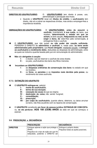 Resumão

Direito Civil

DIREITOS DO USUFRUTUÁRIO:
•

O
USUFRUTUÁRIO tem direito à posse, uso,
administração e percepção dos frutos.
Quando o USUFRUTO recai em títulos de crédito, o usufrutuário tem
direito, não só a cobrar as respectivas dívidas, mas ainda a empregar-lhes a
importância recebida.

OBRIGAÇÕES DO USUFRUTUÁRIO:



O USUFRUTUÁRIO, antes de assumir o
usufruto, inventariará, à sua custa, os bens, que
receber, determinando o estado em que se
acham, e dará caução, fidejussória ou real, se lhe
exigir o dono, de velar-lhes pela conservação, e
entregá-los findo o usufruto
O USUFRUTUÁRIO, que não quiser ou não puder dar caução suficiente,
PERDERÁ O DIREITO de administrar o usufruto; e, neste caso, os bens serão
administrados pelo proprietário, que ficará obrigado, mediante caução, a entregar
ao usufrutuário o rendimento deles, deduzidas as despesas da administração, entre
as quais se incluirá a quantia taxada pelo juiz em remuneração do administrador.



Não são obrigados à caução:
Io doador, que se reservar o usufruto da coisa doada;
II os pais, usufrutuários dos bens dos filhos menores.



Incumbem ao USUFRUTUÁRIO:
Ias despesas ordinárias de conservação dos bens no estado em que
os recebeu;
II os foros, as pensões e os impostos reais devidos pela posse, ou
rendimento da coisa usufruída.

5.7.3. EXTINÇÃO DO USUFRUTO


O USUFRUTO extingue-se pelo(a):
Imorte do usufrutuário;
II termo de sua duração;
III cessação da causa de que se origina;
IV - destruição da coisa, não sendo fungível;
Vconsolidação;
VI - prescrição;
VII - por culpa do usufrutuário, quando aliena, deteriora, ou deixa arruinar
os bens, não lhes acudindo com os reparos de conservação.



O USUFRUTO constituído em favor de pessoa jurídica EXTINGUE-SE COM ESTA,
ou, se ela perdurar, AOS 100 (CEM) ANOS da data em que se começou a
exercer.

5.8. PRESCRIÇÃO x DECADÊNCIA
PRESCRIÇÃO
DIREITOS

DECADÊNCIA

Extingue apenas a ação que protege o Extingue o próprio direito;
direito;
Prejudica todas as ações possíveis;
Prejudica só o tipo de ação em que foi
estipulada, podendo o DIREITO ser

29

 