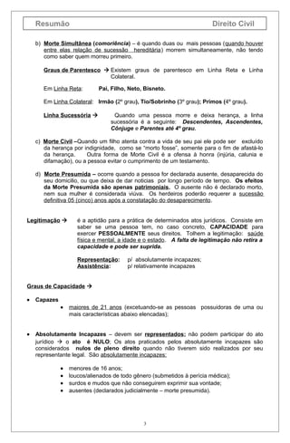 Resumão

Direito Civil

b) Morte Simultânea (comoriência) – é quando duas ou mais pessoas (quando houver
entre elas relação de sucessão hereditária) morrem simultaneamente, não tendo
como saber quem morreu primeiro.
Graus de Parentesco  Existem graus de parentesco em Linha Reta e Linha
Colateral.
Em Linha Reta:

Pai, Filho, Neto, Bisneto.

Em Linha Colateral: Irmão (2º grau), Tio/Sobrinho (3º grau); Primos (4º grau).
Linha Sucessória 

Quando uma pessoa morre e deixa herança, a linha
sucessória é a seguinte: Descendentes, Ascendentes,
Cônjuge e Parentes até 4º grau.

c) Morte Civil –Quando um filho atenta contra a vida de seu pai ele pode ser excluído
da herança por indignidade, como se “morto fosse”, somente para o fim de afastá-lo
da herança.
Outra forma de Morte Civil é a ofensa à honra (injúria, calunia e
difamação), ou a pessoa evitar o cumprimento de um testamento.
d) Morte Presumida – ocorre quando a pessoa for declarada ausente, desaparecida do
seu domicilio, ou que deixa de dar noticias por longo período de tempo. Os efeitos
da Morte Presumida são apenas patrimoniais. O ausente não é declarado morto,
nem sua mulher é considerada viúva. Os herdeiros poderão requerer a sucessão
definitiva 05 (cinco) anos após a constatação do desaparecimento.
Legitimação 

é a aptidão para a prática de determinados atos jurídicos. Consiste em
saber se uma pessoa tem, no caso concreto, CAPACIDADE para
exercer PESSOALMENTE seus direitos. Tolhem a legitimação: saúde
física e mental, a idade e o estado. A falta de legitimação não retira a
capacidade e pode ser suprida.
Representação:
Assistência:

p/ absolutamente incapazes;
p/ relativamente incapazes

Graus de Capacidade 
•

Capazes
•

•

maiores de 21 anos (excetuando-se as pessoas possuidoras de uma ou
mais características abaixo elencadas);

Absolutamente Incapazes – devem ser representados; não podem participar do ato
jurídico  o ato é NULO; Os atos praticados pelos absolutamente incapazes são
considerados nulos de pleno direito quando não tiverem sido realizados por seu
representante legal. São absolutamente incapazes:
•
•
•
•

menores de 16 anos;
loucos/alienados de todo gênero (submetidos à perícia médica);
surdos e mudos que não conseguirem exprimir sua vontade;
ausentes (declarados judicialmente – morte presumida).

3

 