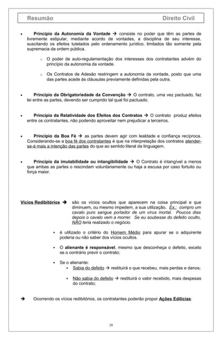 Resumão
•

Direito Civil

Princípio da Autonomia da Vontade  consiste no poder que têm as partes de
livremente estipular, mediante acordo de vontades, a disciplina de seu interesse,
suscitando os efeitos tutelados pelo ordenamento jurídico, limitados tão somente pela
supremacia da ordem pública.
o

O poder de auto-regulamentação dos interesses dos contratantes advém do
princípio da autonomia da vontade.

o

Os Contratos de Adesão restringem a autonomia da vontade, posto que uma
das partes acede às cláusulas previamente definidas pela outra.

•

Princípio da Obrigatoriedade da Convenção  O contrato, uma vez pactuado, faz
lei entre as partes, devendo ser cumprido tal qual foi pactuado.

•

Princípio da Relatividade dos Efeitos dos Contratos  O contrato produz efeitos
entre os contratantes, não podendo aproveitar nem prejudicar a terceiros.

•

Princípio da Boa Fé  as partes devem agir com lealdade e confiança recíproca.
Considerando-se a boa fé dos contratantes é que na interpretação dos contratos atenderse-á mais a intenção das partes do que ao sentido literal da linguagem.

•

Princípio da imutabilidade ou intangibilidade  O Contrato é intangível a menos
que ambas as partes o rescindam voluntariamente ou haja a escusa por caso fortuito ou
força maior.

Vícios Redibitórios 

são os vícios ocultos que aparecem na coisa principal e que
diminuem, ou mesmo impedem, a sua utilização. Ex.: compro um
cavalo puro sangue portador de um vírus mortal. Poucos dias
depois o cavalo vem a morrer. Se eu soubesse do defeito oculto,
NÃO teria realizado o negócio.



é utilizado o critério do Homem Médio para apurar se o adquirente
poderia ou não saber dos vícios ocultos.



O alienante é responsável, mesmo que desconheça o defeito, exceto
se o contrário previr o contrato;



Se o alienante:
 Sabia do defeito  restituirá o que recebeu, mais perdas e danos;




Não sabia do defeito  restituirá o valor recebido, mais despesas
do contrato;

Ocorrendo os vícios redibitórios, os contratantes poderão propor Ações Edilícias:

38

 