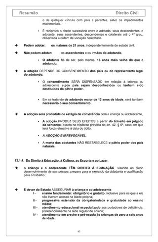 Resumão

Direito Civil
o de qualquer vínculo com pais e parentes, salvo os impedimentos
matrimoniais.


É recíproco o direito sucessório entre o adotado, seus descendentes, o
adotante, seus ascendentes, descendentes e colaterais até o 4º grau,
observada a ordem de vocação hereditária.



Podem adotar:



Não podem adotar:




os maiores de 21 anos, independentemente de estado civil.
os ascendentes e os irmãos do adotando.

O adotante há de ser, pelo menos, 16 anos mais velho do que o
adotando.

A adoção DEPENDE DO CONSENTIMENTO dos pais ou do representante legal
do adotando.






O consentimento SERÁ DISPENSADO em relação à criança ou
adolescente cujos pais sejam desconhecidos ou tenham sido
destituídos do pátrio poder.
Em se tratando de adotando maior de 12 anos de idade, será também
necessário o seu consentimento.

A adoção será procedida de estágio de convivência com a criança ou adolescente,


A adoção PRODUZ SEUS EFEITOS a partir do trânsito em julgado
da sentença, exceto na hipótese prevista no art. 42, § 5º, caso em que
terá força retroativa à data do óbito.



A ADOÇÃO É IRREVOGÁVEL.



A morte dos adotantes NÃO RESTABELECE o pátrio poder dos pais
naturais.

12.1.4. Do Direito à Educação, à Cultura, ao Esporte e ao Lazer


A criança e o adolescente TÊM DIREITO À EDUCAÇÃO, visando ao pleno
desenvolvimento de sua pessoa, preparo para o exercício da cidadania e qualificação
para o trabalho;



É dever do Estado ASSEGURAR à criança e ao adolescente:
Iensino fundamental, obrigatório e gratuito, inclusive para os que a ele
não tiveram acesso na idade própria;
II progressiva extensão da obrigatoriedade e gratuidade ao ensino
médio;
III - atendimento educacional especializado aos portadores de deficiência,
preferencialmente na rede regular de ensino;
IV - atendimento em creche e pré-escola às crianças de zero a seis anos
de idade;

63

 
