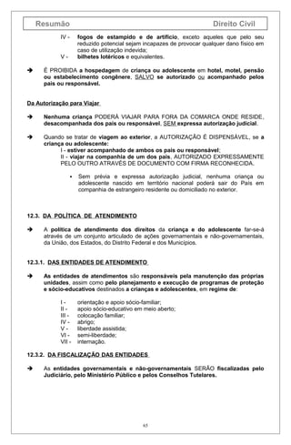 Resumão

Direito Civil

IV -

fogos de estampido e de artifício, exceto aqueles que pelo seu
reduzido potencial sejam incapazes de provocar qualquer dano físico em
caso de utilização indevida;
bilhetes lotéricos e equivalentes.

V

É PROIBIDA a hospedagem de criança ou adolescente em hotel, motel, pensão
ou estabelecimento congênere, SALVO se autorizado ou acompanhado pelos
pais ou responsável.

Da Autorização para Viajar


Nenhuma criança PODERÁ VIAJAR PARA FORA DA COMARCA ONDE RESIDE,
desacompanhada dos pais ou responsável, SEM expressa autorização judicial.



Quando se tratar de viagem ao exterior, a AUTORIZAÇÃO É DISPENSÁVEL, se a
criança ou adolescente:
I - estiver acompanhado de ambos os pais ou responsável;
II - viajar na companhia de um dos pais, AUTORIZADO EXPRESSAMENTE
PELO OUTRO ATRAVÉS DE DOCUMENTO COM FIRMA RECONHECIDA.


Sem prévia e expressa autorização judicial, nenhuma criança ou
adolescente nascido em território nacional poderá sair do País em
companhia de estrangeiro residente ou domiciliado no exterior.

12.3. DA POLÍTICA DE ATENDIMENTO


A política de atendimento dos direitos da criança e do adolescente far-se-á
através de um conjunto articulado de ações governamentais e não-governamentais,
da União, dos Estados, do Distrito Federal e dos Municípios.

12.3.1. DAS ENTIDADES DE ATENDIMENTO


As entidades de atendimentos são responsáveis pela manutenção das próprias
unidades, assim como pelo planejamento e execução de programas de proteção
e sócio-educativos destinados a crianças e adolescentes, em regime de:
III III IV VVI VII -

orientação e apoio sócio-familiar;
apoio sócio-educativo em meio aberto;
colocação familiar;
abrigo;
liberdade assistida;
semi-liberdade;
internação.

12.3.2. DA FISCALIZAÇÃO DAS ENTIDADES


As entidades governamentais e não-governamentais SERÃO fiscalizadas pelo
Judiciário, pelo Ministério Público e pelos Conselhos Tutelares.

65

 