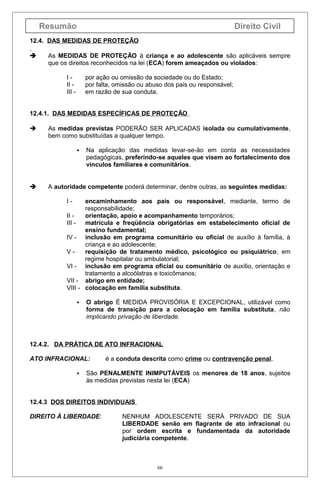 Resumão

Direito Civil

12.4. DAS MEDIDAS DE PROTEÇÃO


As MEDIDAS DE PROTEÇÃO à criança e ao adolescente são aplicáveis sempre
que os direitos reconhecidos na lei (ECA) forem ameaçados ou violados:
III III -

por ação ou omissão da sociedade ou do Estado;
por falta, omissão ou abuso dos pais ou responsável;
em razão de sua conduta.

12.4.1. DAS MEDIDAS ESPECÍFICAS DE PROTEÇÃO


As medidas previstas PODERÃO SER APLICADAS isolada ou cumulativamente,
bem como substituídas a qualquer tempo.




Na aplicação das medidas levar-se-ão em conta as necessidades
pedagógicas, preferindo-se aqueles que visem ao fortalecimento dos
vínculos familiares e comunitários.

A autoridade competente poderá determinar, dentre outras, as seguintes medidas:
I-

encaminhamento aos pais ou responsável, mediante, termo de
responsabilidade;
II orientação, apoio e acompanhamento temporários;
III - matrícula e freqüência obrigatórias em estabelecimento oficial de
ensino fundamental;
IV - inclusão em programa comunitário ou oficial de auxílio à família, à
criança e ao adolescente;
Vrequisição de tratamento médico, psicológico ou psiquiátrico, em
regime hospitalar ou ambulatorial;
VI - inclusão em programa oficial ou comunitário de auxílio, orientação e
tratamento a alcoólatras e toxicômanos;
VII - abrigo em entidade;
VIII - colocação em família substituta.


O abrigo É MEDIDA PROVISÓRIA E EXCEPCIONAL, utilizável como
forma de transição para a colocação em família substituta, não
implicando privação de liberdade.

12.4.2. DA PRÁTICA DE ATO INFRACIONAL
ATO INFRACIONAL:


é a conduta descrita como crime ou contravenção penal.

São PENALMENTE INIMPUTÁVEIS os menores de 18 anos, sujeitos
às medidas previstas nesta lei (ECA)

12.4.3 DOS DIREITOS INDIVIDUAIS
DIREITO À LIBERDADE:

NENHUM ADOLESCENTE SERÁ PRIVADO DE SUA
LIBERDADE senão em flagrante de ato infracional ou
por ordem escrita e fundamentada da autoridade
judiciária competente.

66

 
