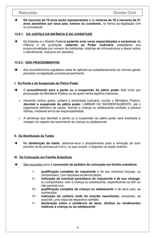 Resumão

Direito Civil

Os menores de 16 anos serão representados e os maiores de 16 e menores de 21
anos assistidos por seus pais, tutores ou curadores, na forma da legislação civil
ou processual.



12.8.1. DA JUSTIÇA DA INFÂNCIA E DA JUVENTUDE
Os Estados e o Distrito Federal poderão criar varas especializadas e exclusivas da
infância e da juventude, cabendo ao Poder Judiciário estabelecer sua
proporcionalidade por número de habitantes, dotá-las de infra-estrutura e dispor sobre
o atendimento, inclusive em plantões.



12.8.2. DOS PROCEDIMENTOS
Aos procedimentos regulados nesta lei aplicam-se subsidiariamente as normas gerais
previstas na legislação processual pertinente.



I. Da Perda e da Suspensão do Pátrio Poder
O procedimento para a perda ou a suspensão do pátrio poder terá início por
provocação do Ministério Público ou de quem tenha legítimo interesse.


•

Havendo motivo grave, poderá a autoridade judiciária, ouvido o Ministério Público,
decretar a suspensão do pátrio poder, LIMINAR OU INCIDENTALMENTE, até o
julgamento definitivo da causa, ficando a criança ou adolescente confiado a pessoa
idônea, mediante termo de responsabilidade.

•

A sentença que decretar a perda ou a suspensão do pátrio poder será averbada à
margem do registro de nascimento da criança ou adolescente.

II. Da Destituição da Tutela


Na destituição da tutela, observar-se-á o procedimento para a remoção de tutor
previsto na lei processual civil e, no que couber, o disposto na seção anterior.

III. Da Colocação em Família Substituta


São requisitos para a concessão de pedidos de colocação em família substituta:
III III IV V-

qualificação completa do requerente e de seu eventual cônjuge, ou
companheiro, com expressa anuência deste;
indicação de eventual parentesco do requerente e de seu cônjuge,
ou companheiro, com a criança ou adolescente, especificando se tem ou
não parente vivo;
qualificação completa da criança ou adolescente e de seus pais, se
conhecidos;
indicação do cartório onde foi inscrito nascimento, anexando, se
possível, uma cópia da respectiva certidão;
declaração sobre a existência de bens, direitos ou rendimentos
relativos à criança ou ao adolescente.

70

 