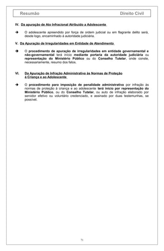Resumão

Direito Civil

IV. Da apuração de Ato Infracional Atribuído a Adolescente


O adolescente apreendido por força de ordem judicial ou em flagrante delito será,
desde logo, encaminhado à autoridade judiciária.

V. Da Apuração de Irregularidades em Entidade de Atendimento


O procedimento de apuração de irregularidades em entidade governamental e
não-governamental terá início mediante portaria da autoridade judiciária ou
representação do Ministério Público ou do Conselho Tutelar, onde conste,
necessariamente, resumo dos fatos.

VI.

Da Apuração de Infração Administrativa às Normas de Proteção
à Criança e ao Adolescente



O procedimento para imposição de penalidade administrativa por infração às
normas de proteção à criança e ao adolescente terá início por representação do
Ministério Público, ou do Conselho Tutelar, ou auto de infração elaborado por
servidor efetivo ou voluntário credenciado, e assinado por duas testemunhas, se
possível.

71

 