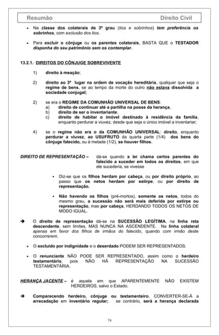 Resumão

Direito Civil

•

Na classe dos colaterais de 3º grau (tios e sobrinhos) tem preferência os
sobrinhos, com exclusão dos tios.

•

Para excluir o cônjuge ou os parentes colaterais, BASTA QUE o TESTADOR
disponha do seu patrimônio sem os contemplar.

13.2.1. DIREITOS DO CÔNJUGE SOBREVIVENTE
1)

direito à meação;

2)

direito ao 3º lugar na ordem de vocação hereditária, qualquer que seja o
regime de bens, se ao tempo da morte do outro não estava dissolvida a
sociedade conjugal;

2)

se era o REGIME DA COMUNHÃO UNIVERSAL DE BENS:
a)
direito de continuar até a partilha na posse da herança,
b)
direito de ser o inventariante,
c)
direito de habitar o imóvel destinado à residência da família,
enquanto perdurar a viuvez, desde que seja o único imóvel a inventariar;

4)

se o regime não era o da COMUNHÃO UNIVERSAL: direito, enquanto
perdurar a viuvez, ao USUFRUTO da quarta parte (1/4) dos bens do
cônjuge falecido, ou à metade (1/2), se houver filhos.

DIREITO DE REPRESENTAÇÃO –

dá-se quando a lei chama certos parentes do
falecido a suceder em todos os direitos, em que
ele sucederia, se vivesse



Diz-se que os filhos herdam por cabeça, ou por direito próprio, ao
passo que os netos herdam por estirpe, ou por direito de
representação.



Não havendo os filhos (pré-mortos), somente os netos, todos do
mesmo grau, a sucessão não será mais deferida por estirpe ou
representação, mas por cabeça, HERDANDO TODOS OS NETOS DE
MODO IGUAL.

O direito de representação dá-se na SUCESSÃO LEGÍTIMA, na linha reta
descendente, sem limites, MAS NUNCA NA ASCENDENTE. Na linha colateral
apenas em favor dos filhos de irmãos do falecido, quando com irmão deste
concorrerem.



•

O excluído por indignidade e o deserdado PODEM SER REPRESENTADOS.

•

O renunciante NÃO PODE SER REPRESENTADO, assim como o herdeiro
testamentário,
pois
NÃO
HÁ
REPRESENTAÇÃO
NA
SUCESSÃO
TESTAMENTÁRIA.

HERANÇA JACENTE –



é aquela em que APARENTEMENTE
HERDEIROS, salvo o Estado.

NÃO

EXISTEM

Comparecendo herdeiro, cônjuge ou testamenteiro, CONVERTER-SE-Á a
arrecadação em inventário regular;
se contrário, será a herança declarada

74

 