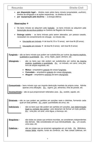 Resumão
•
•

Direito Civil

por disposição legal - direitos reais sobre bens móveis (propriedade, usufruto);
direitos de obrigação e as ações respectivas; os direitos do autor.
por equiparação pela doutrina - a energia elétrica

Observações 
•

Os bens móveis se adquirem pela tradição; os bens imóveis se adquirem pela
transcrição da escritura pública no Cartório de Registro de Imóveis;

•

Outorga uxória - os bens imóveis para serem alienados, por pessoa casada,
necessitam do consentimento do cônjuge; os móveis não.
•

Usucapião em imóveis  de boa fé (10 e 15 anos); sem boa fé (20 anos);

•

Usucapião em móveis  de boa fé (3 anos); sem boa fé (5 anos)

Fungíveis - são os bens móveis que podem ser substituídos por outros da mesma espécie,
qualidade e quantidade. Ex.: arroz, feijão, papel, dinheiro, etc.
Infungíveis -

são os bens que não podem ser substituídos por outros da mesma
espécie, qualidade e quantidade. Ex.: os imóveis, um carro, uma jóia,
livro de edição esgotada, etc.
•
•
•

Mútuo – empréstimo gratuito de coisas fungíveis;
Comodato - empréstimo gratuito de coisas infungíveis;
Aluguel - empréstimo oneroso de bens infungíveis;

Consumíveis - bens móveis cujo uso importa destruição imediata da própria coisa. Admite
apenas uma utilização. Ex.: cigarro, giz, alimentos, tinta de parede, etc.
Inconsumíveis - são os que proporcionam reiterados usos. Ex.: vestido, sapato, etc.

Divisíveis - são os que podem ser partidos em porções reais e distintas, formando cada
qual um todo perfeito. Ex.: papel, quantidades de arroz, etc.
Indivisíveis -

são os bens que não podem ser partidos em porções, (por determinação
legal ou vontade das partes) pois deixariam de formar um todo perfeito.
Ex.: uma jóia, um anel, uma régua, a herança, etc.

Singulares -

são todas as coisas que embora reunidas, se consideram independentes
das demais. São considerados em sua individualidade. Ex.: um cavalo,
uma casa, etc

Coletivos -

são as coisas que se encerram agregadas em um todo. Ex. Biblioteca,
massa falida, espólio, fundo de comércio, etc. Nas coisas coletivas, em

9

 