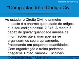 facebook.com/advnery


 “Compactando” o Código Civil

Ao estudar o Direito Civil, o primeiro
 impacto é a enorme quantidade de artigos
 que seu código possui, 2.046! A mente é
 capaz de gravar quantidade imensa de
 informações úteis, mas apenas se
 organizarmos seu arquivamento,
 fracionando em pequenas quantidades.
 Com organização e treino podemos
 chegar lá. Então, vamos? Encolher?
 Compactar isso? Que tal?
 