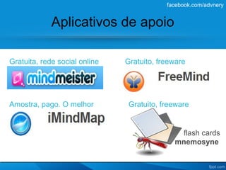 facebook.com/advnery


             Aplicativos de apoio

Gratuita, rede social online   Gratuito, freeware




Amostra, pago. O melhor         Gratuito, freeware


                                              flash cards
                                             mnemosyne
 