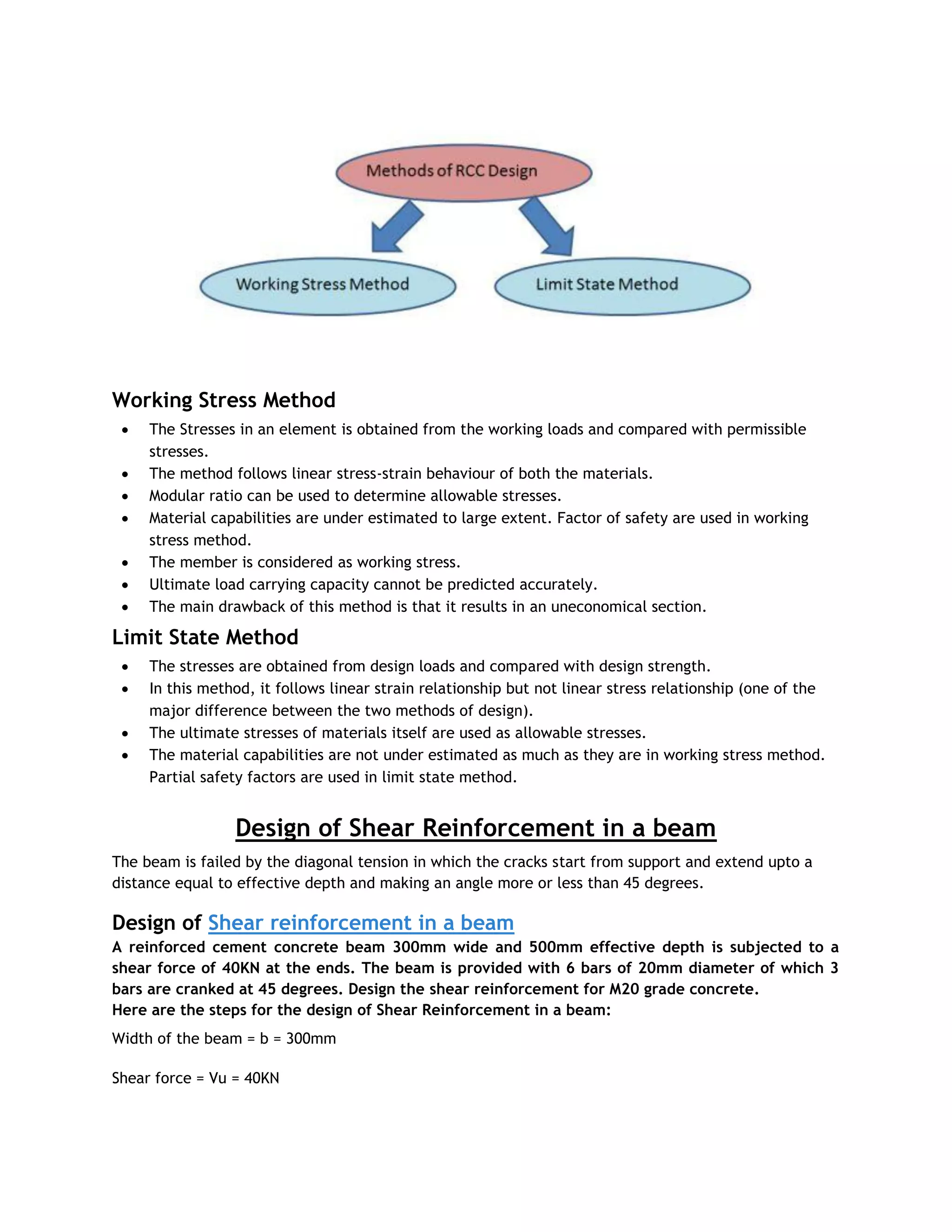 Working Stress Method
 The Stresses in an element is obtained from the working loads and compared with permissible
stresses.
 The method follows linear stress-strain behaviour of both the materials.
 Modular ratio can be used to determine allowable stresses.
 Material capabilities are under estimated to large extent. Factor of safety are used in working
stress method.
 The member is considered as working stress.
 Ultimate load carrying capacity cannot be predicted accurately.
 The main drawback of this method is that it results in an uneconomical section.
Limit State Method
 The stresses are obtained from design loads and compared with design strength.
 In this method, it follows linear strain relationship but not linear stress relationship (one of the
major difference between the two methods of design).
 The ultimate stresses of materials itself are used as allowable stresses.
 The material capabilities are not under estimated as much as they are in working stress method.
Partial safety factors are used in limit state method.
Design of Shear Reinforcement in a beam
The beam is failed by the diagonal tension in which the cracks start from support and extend upto a
distance equal to effective depth and making an angle more or less than 45 degrees.
Design of Shear reinforcement in a beam
A reinforced cement concrete beam 300mm wide and 500mm effective depth is subjected to a
shear force of 40KN at the ends. The beam is provided with 6 bars of 20mm diameter of which 3
bars are cranked at 45 degrees. Design the shear reinforcement for M20 grade concrete.
Here are the steps for the design of Shear Reinforcement in a beam:
Width of the beam = b = 300mm
Shear force = Vu = 40KN
 