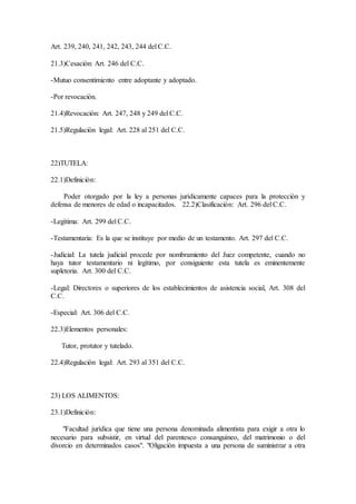 Art. 239, 240, 241, 242, 243, 244 del C.C.
21.3)Cesaciòn: Art. 246 del C.C.
-Mutuo consentimiento entre adoptante y adoptado.
-Por revocaciòn.
21.4)Revocaciòn: Art. 247, 248 y 249 del C.C.
21.5)Regulaciòn legal: Art. 228 al 251 del C.C.
22)TUTELA:
22.1)Definiciòn:
Poder otorgado por la ley a personas jurìdicamente capaces para la protecciòn y
defensa de menores de edad o incapacitados. 22.2)Clasificaciòn: Art. 296 del C.C.
-Legìtima: Art. 299 del C.C.
-Testamentaria: Es la que se instituye por medio de un testamento. Art. 297 del C.C.
-Judicial: La tutela judicial procede por nombramiento del Juez competente, cuando no
haya tutor testamentario ni legìtimo, por consiguiente esta tutela es eminentemente
supletoria. Art. 300 del C.C.
-Legal: Directores o superiores de los establecimientos de asistencia social, Art. 308 del
C.C.
-Especial: Art. 306 del C.C.
22.3)Elementos personales:
Tutor, protutor y tutelado.
22.4)Regulaciòn legal: Art. 293 al 351 del C.C.
23) LOS ALIMENTOS:
23.1)Definiciòn:
"Facultad jurìdica que tiene una persona denominada alimentista para exigir a otra lo
necesario para subsistir, en virtud del parentesco consanguìneo, del matrimonio o del
divorcio en determinados casos". "Oligaciòn impuesta a una persona de suministrar a otra
 