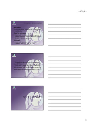 11/10/2011




                     Espécies de domicílio

• Voluntário
  – É o mais comum, pois deriva do ato de vontade
    do indivíduo.
• Legal ou necessário
  – Decorre de mandamento legal. Exemplos: o
    incapaz, o servidor público, o militar, o marítimo.
    (vide art. 76, do Código Civil)
• De eleição
  – Decorre do ajuste entre as partes de um
    contrato. (art. 78, CC eBethonico CPC)
                      Profª Cátia
                                  art. 111,




    Importante: em razão da desigualdade
  econômica entre as partes, nos contratos de
   consumo, é ilegal cláusula que estabeleça
  que o foro de eleição beneficia o fornecedor
  do produto ou serviço, pois viola o art. 51, IV,
                     do CDC


                     Profª Cátia Bethonico




                  BENS JURÍDICOS



                     Profª Cátia Bethonico




                                                                  5
 