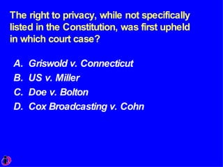 The right to privacy, while not specifically listed in the Constitution, was first upheld in which court case? Griswold v. Connecticut US v. Miller Doe v. Bolton Cox Broadcasting v. Cohn 