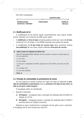 Lei de Introdução às Normas de Direito Brasileiro (LINDB)
23
Para fácil visualização:
VOCATIO LEGIS
PROMULGAÇÃO
(Existência +Validade)
Publicação Vigência
(Eficácia)
2.1. Modificação da lei
A modificação da lei deverá seguir, essencialmente, duas regras, ampla-
mente cobradas nos certames da OAB, quais sejam:
•	 A modificação de lei já em vigor somente poderá ocorrer por meio de lei nova,
conforme § 4º, do artigo 1º, da LINDB, havendo novo prazo de vacatio;
•	 A modificação de lei que esteja em vacatio legis deve acontecer através
nova publicação de seu texto, sendo conferido novo prazo de vacatio.
►► Como o tema foi cobrado em prova FGV?
(Besc/SC/Advogado/2004) Alterada uma lei, durante o prazo de vacatio legis da
lei nova aplica-se:
a) a lei nova.
b) a lei antiga.
c) a lei que o magistrado entender, segundo seu livre arbítrio, que deva ser apli-
cada.
d) o Código Civil.
e) a lei mais benéfica.
Resp.: b
2.2. Princípio da continuidade ou permanência da norma
Se a lei superou a vacatio e entrou em vigor, em regra se submete ao prin-
cípio da continuidade ou permanência, leia-se: permanece em vigor até que outra, no
todo ou em parte, venha revogá-la.
A revogação pode ser classificada:
•	 Quanto à extensão:
a)	Ab-Rogação – revogação total, a exemplo da realizada pelo CC/2002 em
relação ao CC/16;
b)	 Derrogação – revogação parcial, a exemplo da realizada pelo CC/2002 à
primeira parte do Código Comercial.
Registre-se que é inadmissível a revogação de leis pelos usos e costumes.
A revogação de lei será sempre por outra lei.
 
