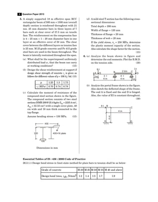 2 Question Paper 2013
5. A simply supported 18 m effective span RCC
rectangular beam of 500 mm × 1500 mm (overall
depth) section is reinforced throughout with 21
nos. 25 mm diameter bars in three layers of 7
bars each at clear cover of 37.5 mm on tensile
face. The reinforcement on the compression face
is 4 – 25 mm + 1 – 20 mm diameter bars in one
layer at an effective cover of 50 mm. The clear
cover between the different layers on tension face
is 25 mm. M 25 grade concrete and Fe 415 grade
steel bars are used in the beam throughout. The
beam is laterally restrained throughout the span.
(a) What shall be the superimposed uniformaly
distributed load w, that the beam can carry
at working conditions? (15)
(b) Design the shear reinforcement at support if
design shear strength of concrete c
is given as
follows for different values of p = 100 As
/ bd. (15)
p 1.25 1.5 1.75
c
(MPa) 0.70 0.74 0.78
(c) Calculate the moment of resistance of the
compound steel section shown in the figure.
The compound section consists of two steel
sectionsISMB 200@25.4kg/m (IXX
=2235.4cm4
,
AXX
= 32.33 cm2
) with a single cover plate, 40
cm wide and 16 mm thick connected to the
top flange.
Assume bending stress = 150 MPa. (15)
400
400×16 plate
100
200
Dimensions in mm
(d) A mild steel T section has the following cross-
sectional dimensions:
Total depth = 200 mm
Width of flange = 120 mm
Thickness of flange = 20 mm
Thickness of web = 20 mm
If the yield stress, y
= 250 MPa, determine
the plastic moment capacity of the section.
Also calculate the shape factor for the section.
(15)
6. (a) Analyze the beam shown in figure and
determine the end moments. Plot the B.M.D.
on the tension side. (30)
6 t
A E
1m 3 I
4 m
B 2 t/m C
3 t
D
4 I
4 m 1m
(b) Analyze the portal frame shown in the figure.
Also sketch the deflected shape of the frame.
The end A is fixed and the end D is hinged.
Also, the value of EI is constant throughout.
(30)
8 t B
C
4 m
4
m
A D
Essential Tables of IS : 456 : 2000 Code of Practice
26.2.1.1 Design bond stress in limit state method for plain bars in tension shall be as below:
Grade of concrete M 20 M 25 M 30 M 35 M 40 and above
Design bond tress, db, N/mm2 1.2 1.4 1.5 1.7 1.9
 