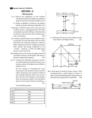 2 Question Paper 2011 (PAPER II)
SECTION – II
(Structural)
7. (a) Discuss the significance of cold weather
concreting with special emphasis on problems
faced by concrete in freezing conditions.(15)
(b) Define workability of concrete and explain
briefly the factors affecting workability.(15)
8. Design a cantilever beam with a clear span of 3
m which carries a superimposed load of 15 kN/
m. Its depth varies from 500 mm at the fixed end
to 150 mm at the free end. Show reinforcement
with a neat sketch. (30)
9. A simply supported beam of 4.5 m effective span
is carrying a live load of 25 kN/m. The size of the
beam has to be restricted to 250 mm × 380 mm
depth. Design the beam for bending using limit
state method. The design coefficients are K
= 0.138;  = 0.80; Ku
= 0.479. Use M20 grade
concrete and Fe 415 steel. (30)
10. Design a beam of 4.8 m span carrying a total load
of 15 kN/m inclusive of self weight. The beam is
laterally supported throughout. (30)
11. (a) Compute the allowable compressive load on
an axially loaded steel column having a cross
section as shown in the figure and an effective
length of 3.5 m.
For the purpose of computing the cross
sectional area, the moment of inertia and the
radius of gyrations, the maximum width of
the outstand should be taken out not more
than 16 times the thickness of the flange.
Also, the maximum depth of web should be
taken not more than 50 times its thickness.
(15)
Use the following data :
l/r Allowable stress in axial compression (kg/cm2)
60 1130
70 1075
80 1007
90 928
100 840
6 mm
240 mm
6 mm
240 mm
400 mm
6 mm
(b) Determine the forces in the members of the
truss shown in the figure below : (15)
2000 kg
A
B
C
D
E
F
3
m
3 m
3
m
3 m 3 m
20000 kg
12. A fixed beam of constant section carries a load
transferred from a rigid bracket as shown in
figure. Find the bending moment and reactions at
the fixed ends and plot S.F.D. and B.M.D (30)
B
A
Rigid bracket
60 kN
I
12 m
9 m 0.6 m
A
 
