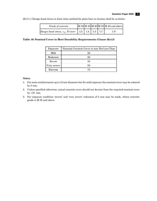 3
Question Paper 2009
26.2.1.1 Design bond stress in limit state method for plain bars in tension shall be as below:
Grade of concrete M 20 M 25 M 30 M 35 M 40 and above
Design bond stress, bd, N/mm2 1.2 1.4 1.5 1.7 1.9
Table 16: Nominal Cover to Meet Durability Requirements (Clause 26.4.2)
Exposure Nominal Concrete Cover in mm Not Less Than
Mild 20
Moderate 30
Severe 45
Very severe 50
Extreme 75
Notes:
1. For main reinforcement up to 12 mm diameter bar for mild exposure the nominal cover may be reduced
by 5 mm.
2. Unless specified otherwise, actual concrete cover should not deviate from the required nominal cover
by +10 mm.
3. For exposure condition ‘severe’ and ‘very severe’ reduction of 5 mm may be made, where concrete
grade is M 35 and above.
 