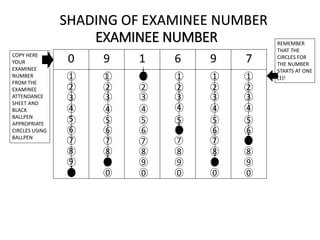 SHADING OF EXAMINEE NUMBER
0 9 1 6 9 7
1
2
3
4
5
6
7
8
9
0
1
EXAMINEE NUMBER
2
3
5
6
8
9
0
1
2
3
5
6
8
9
0
1
2
3
5
6
8
9
0...