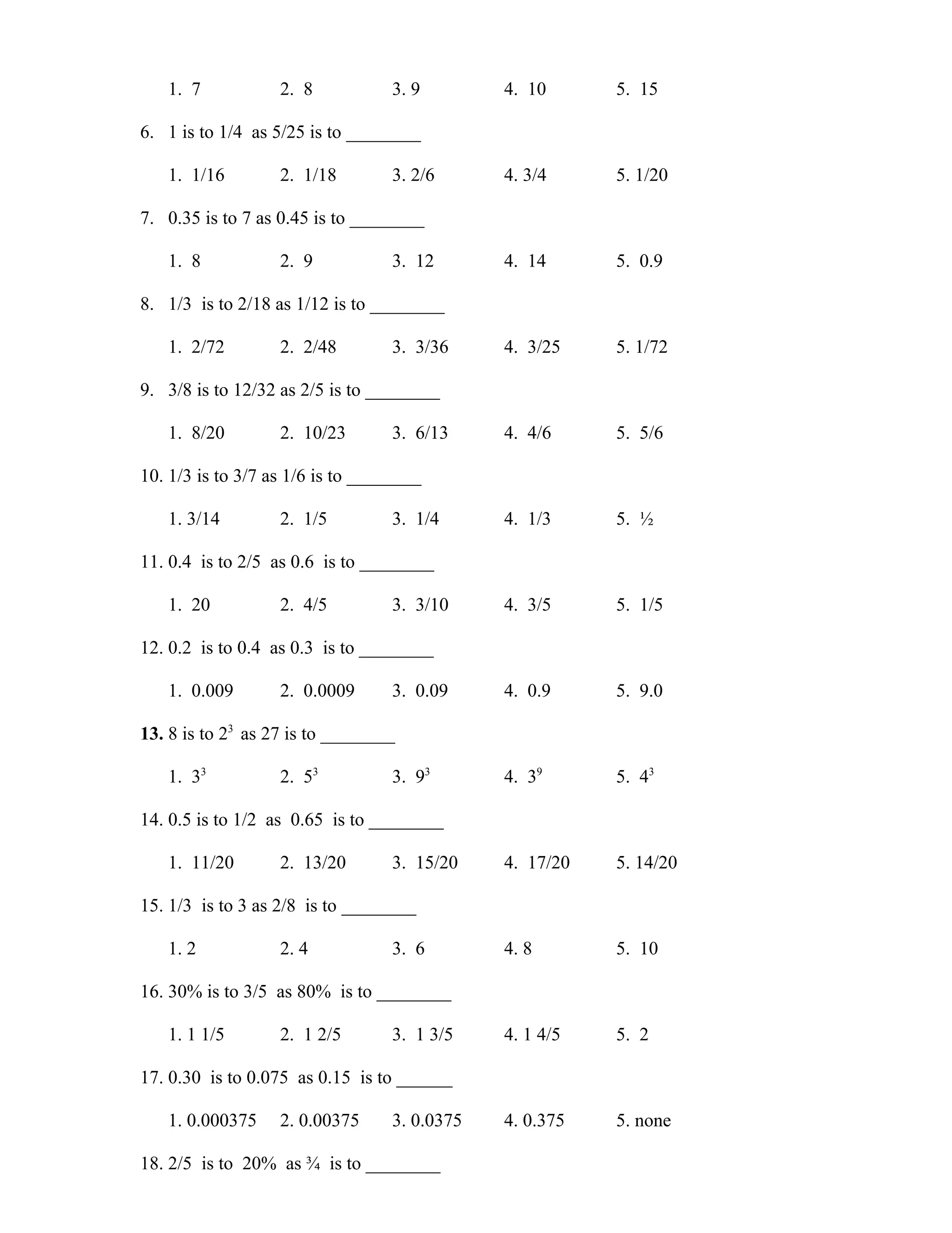 1. 7 2. 8 3. 9 4. 10 5. 15
6. 1 is to 1/4 as 5/25 is to ________
1. 1/16 2. 1/18 3. 2/6 4. 3/4 5. 1/20
7. 0.35 is to 7 as 0.45 is to ________
1. 8 2. 9 3. 12 4. 14 5. 0.9
8. 1/3 is to 2/18 as 1/12 is to ________
1. 2/72 2. 2/48 3. 3/36 4. 3/25 5. 1/72
9. 3/8 is to 12/32 as 2/5 is to ________
1. 8/20 2. 10/23 3. 6/13 4. 4/6 5. 5/6
10. 1/3 is to 3/7 as 1/6 is to ________
1. 3/14 2. 1/5 3. 1/4 4. 1/3 5. ½
11. 0.4 is to 2/5 as 0.6 is to ________
1. 20 2. 4/5 3. 3/10 4. 3/5 5. 1/5
12. 0.2 is to 0.4 as 0.3 is to ________
1. 0.009 2. 0.0009 3. 0.09 4. 0.9 5. 9.0
13. 8 is to 23
as 27 is to ________
1. 33
2. 53
3. 93
4. 39
5. 43
14. 0.5 is to 1/2 as 0.65 is to ________
1. 11/20 2. 13/20 3. 15/20 4. 17/20 5. 14/20
15. 1/3 is to 3 as 2/8 is to ________
1. 2 2. 4 3. 6 4. 8 5. 10
16. 30% is to 3/5 as 80% is to ________
1. 1 1/5 2. 1 2/5 3. 1 3/5 4. 1 4/5 5. 2
17. 0.30 is to 0.075 as 0.15 is to ______
1. 0.000375 2. 0.00375 3. 0.0375 4. 0.375 5. none
18. 2/5 is to 20% as ¾ is to ________
 