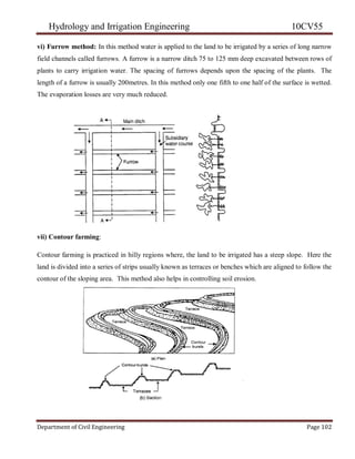 Hydrology and Irrigation Engineering 10CV55
Department of Civil Engineering Page 102
vi) Furrow method: In this method water is applied to the land to be irrigated by a series of long narrow
field channels called furrows. A furrow is a narrow ditch 75 to 125 mm deep excavated between rows of
plants to carry irrigation water. The spacing of furrows depends upon the spacing of the plants. The
length of a furrow is usually 200metres. In this method only one fifth to one half of the surface is wetted.
The evaporation losses are very much reduced.
vii) Contour farming:
Contour farming is practiced in hilly regions where, the land to be irrigated has a steep slope. Here the
land is divided into a series of strips usually known as terraces or benches which are aligned to follow the
contour of the sloping area. This method also helps in controlling soil erosion.
 