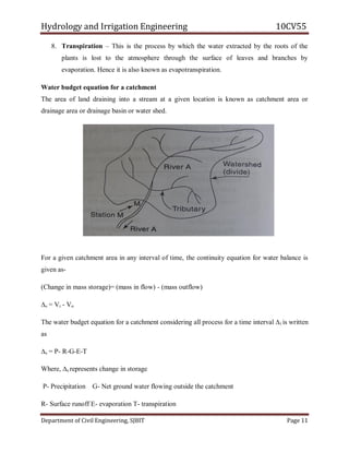 Hydrology and Irrigation Engineering 10CV55
Department of Civil Engineering, SJBIT Page 11
8. Transpiration – This is the process by which the water extracted by the roots of the
plants is lost to the atmosphere through the surface of leaves and branches by
evaporation. Hence it is also known as evapotranspiration.
Water budget equation for a catchment
The area of land draining into a stream at a given location is known as catchment area or
drainage area or drainage basin or water shed.
For a given catchment area in any interval of time, the continuity equation for water balance is
given as-
(Change in mass storage)= (mass in flow) - (mass outflow)
∆s = Vi - Vo
The water budget equation for a catchment considering all process for a time interval ∆t is written
as
∆s = P- R-G-E-T
Where, ∆s represents change in storage
P- Precipitation G- Net ground water flowing outside the catchment
R- Surface runoff E- evaporation T- transpiration
 