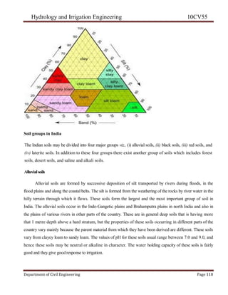 Hydrology and Irrigation Engineering 10CV55
Department of Civil Engineering Page 110
Soil groups in India
The Indian soils may be divided into four major groups viz., (i) alluvial soils, (ii) black soils, (iii) red soils, and
(iv) laterite soils. In addition to these four groups there exist another group of soils which includes forest
soils, desert soils, and saline and alkali soils.
Alluvialsoils
Alluvial soils are formed by successive deposition of silt transported by rivers during floods, in the
flood plains and along the coastal belts. The silt is formed from the weathering of the rocks by river water in the
hilly terrain through which it flows. These soils form the largest and the most important group of soil in
India. The alluvial soils occur in the Indo-Gangetic plains and Brahamputra plains in north India and also in
the plains of various rivers in other parts of the country. These are in general deep soils that is having more
that 1 metre depth above a hard stratum, but the properties of these soils occurring in different parts of the
country vary mainly because the parent material from which they have been derived are different. These soils
vary from clayey loam to sandy loam. The values of pH for these soils usual range between 7.0 and 9.0, and
hence these soils may be neutral or alkaline in character. The water holding capacity of these soils is fairly
good and they give good response to irrigation.
 