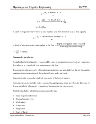 Hydrology and Irrigation Engineering 10CV55
Department of Civil Engineering Page 120
y =
(Fc − PWPt). γs . d
γw
y =
25 − 10 X 1.5 X 0.75
1
X
1
100
y = 0.169 m
b. Depth of irrigation water required to raise moisture level from minimum level to field capacity
y =
(Fc − Min moisture content). γs . d
γw
c. Depth of irrigation water to be applied at the field =
Depth of irrigation water required
Water application efficiency
=
0.124
0.75
= 0.165m.
Consumptive use of water:
It is defined as the total quantity of water used by plants in transpiration; tissues build up, evaporation
from adjacent or exposed soil in an area at any specific time.
Transportation is the process by which plants dissipate the water absorbed from the soil through the
roots into the atmosphere through the surface of leaves, stalks and trunk.
Evaporation is the process by which soil loses water in the form of vapours.
Consumptive use also includes water consumed by accompanying could growth, water deposited by
dew or rainfall and subsequently evaporation without entering the plant systems.
The following factors affect the consumptive use of water,
1. Direct evaporation from soil
2. Relative humidity of air
3. Wind velocity
4. Temperature
5. Precipitation
6. Hours of the day
 